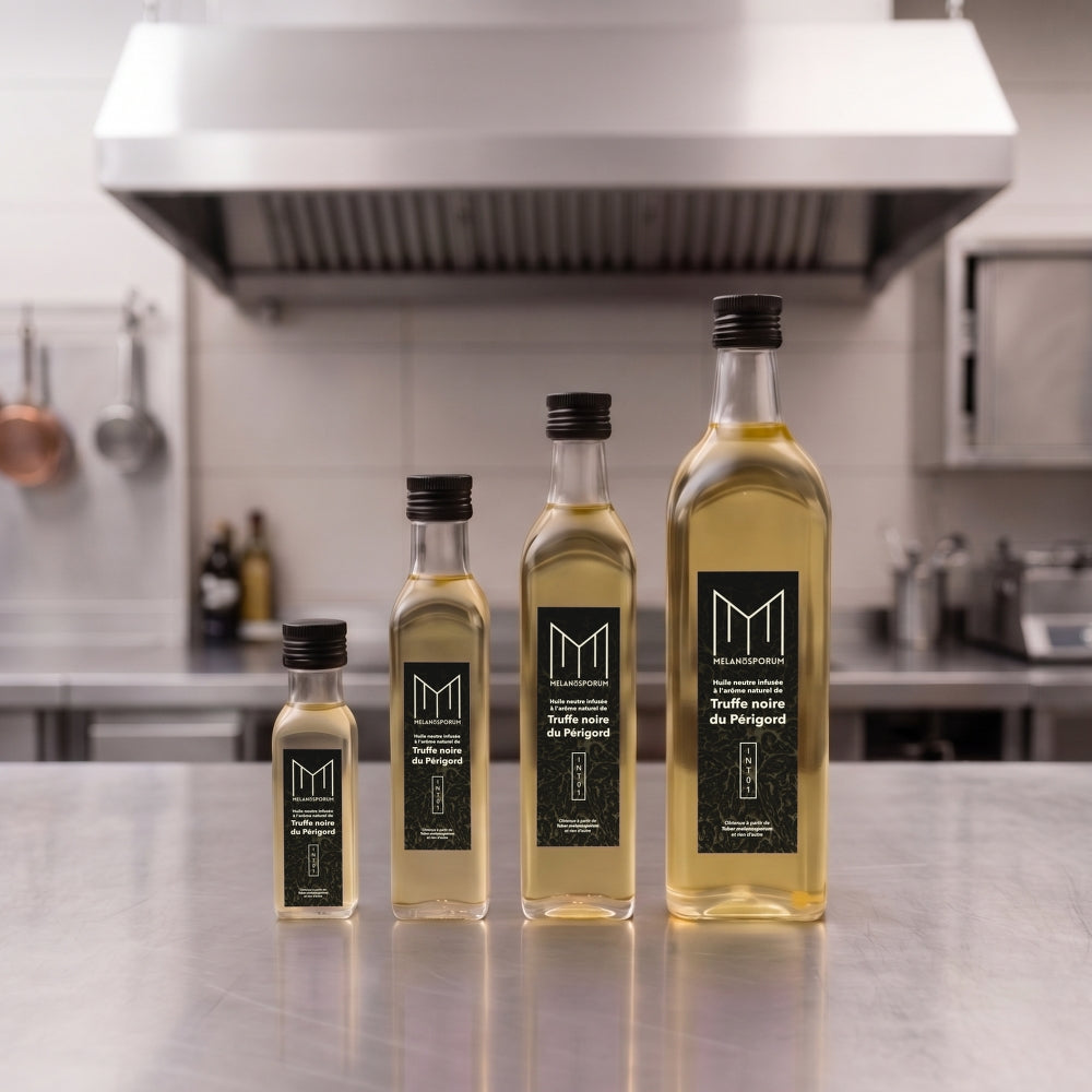Gamme d'huile neutre infusée à l'arôme naturel de truffe noire du Périgord, INT 01, quatre contenances